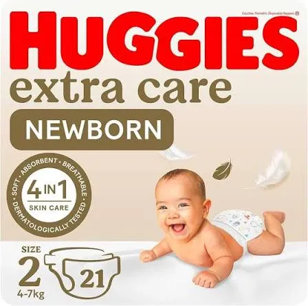 Huggies extra care size 2 (4-7)kg 21 diapers 15% off